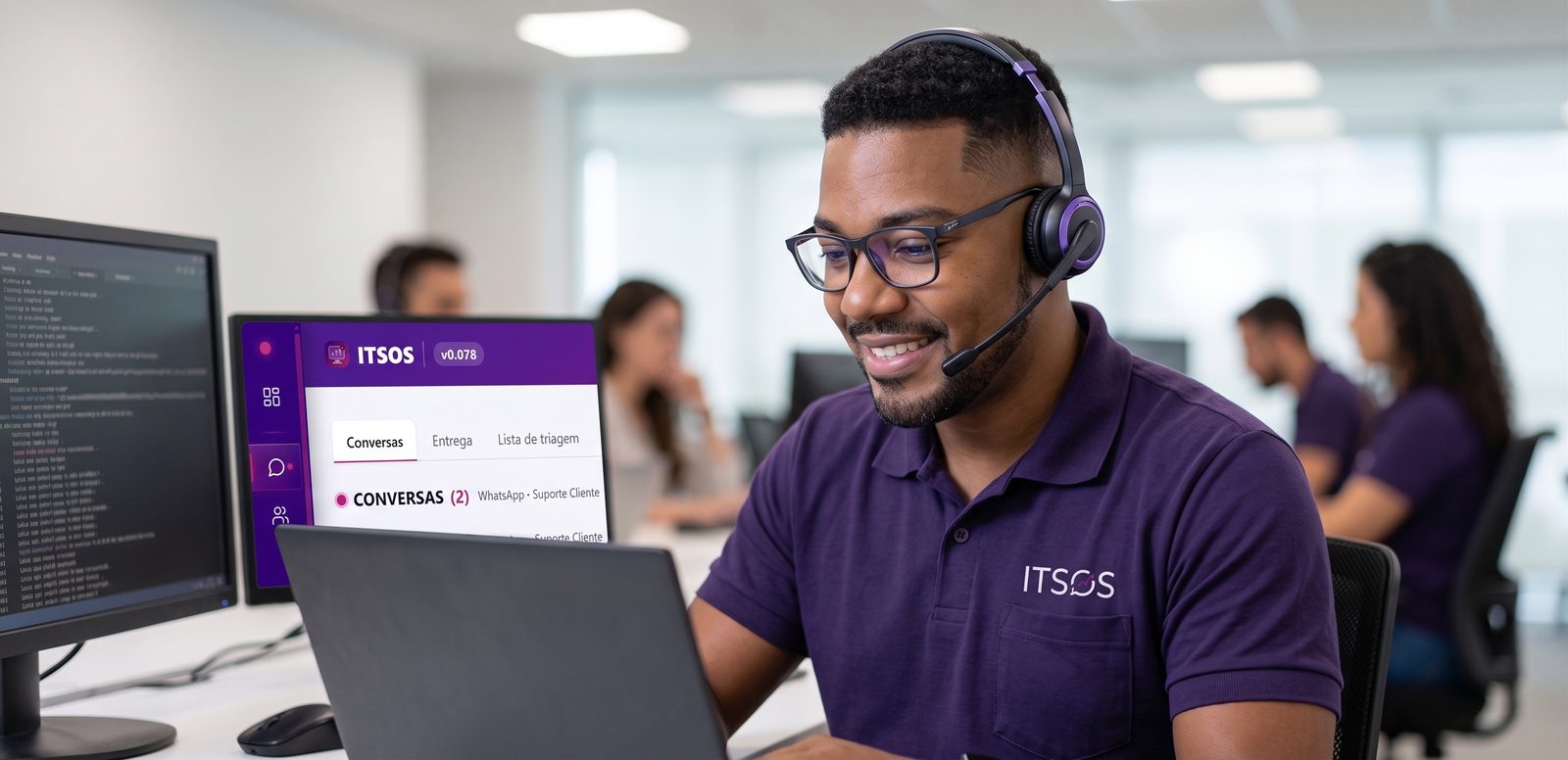 Atendente da ITSOS com headset, pronto para a conversa