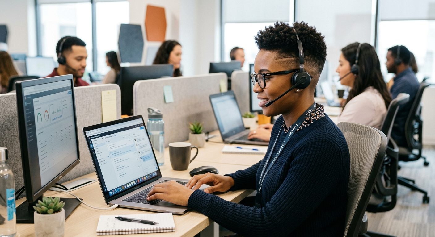 Colaboradores trabalhando em notebooks — cada máquina chega pronta, com o perfil aprovado