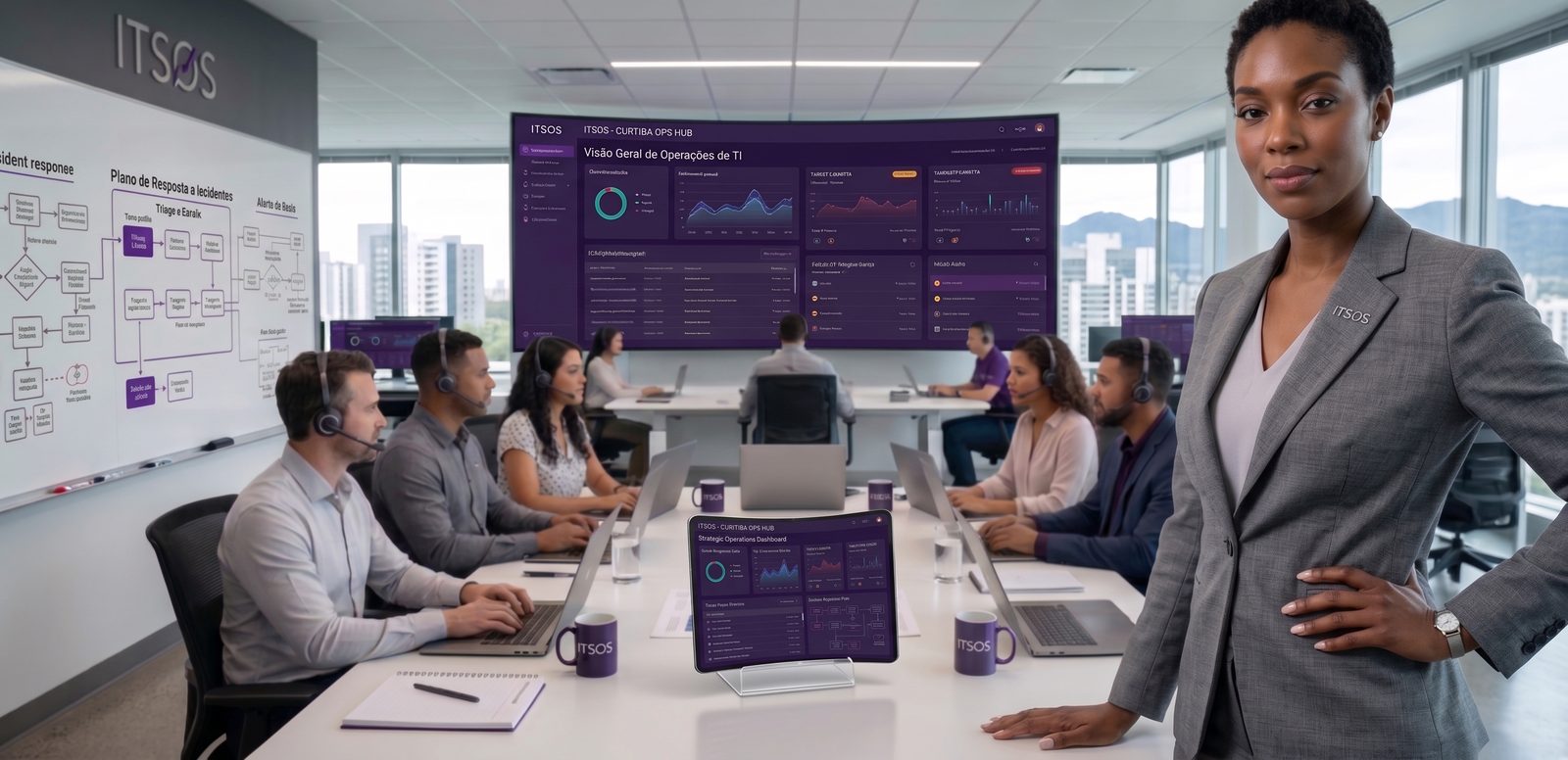 Equipe de operação de TI diante do painel de indicadores na parede