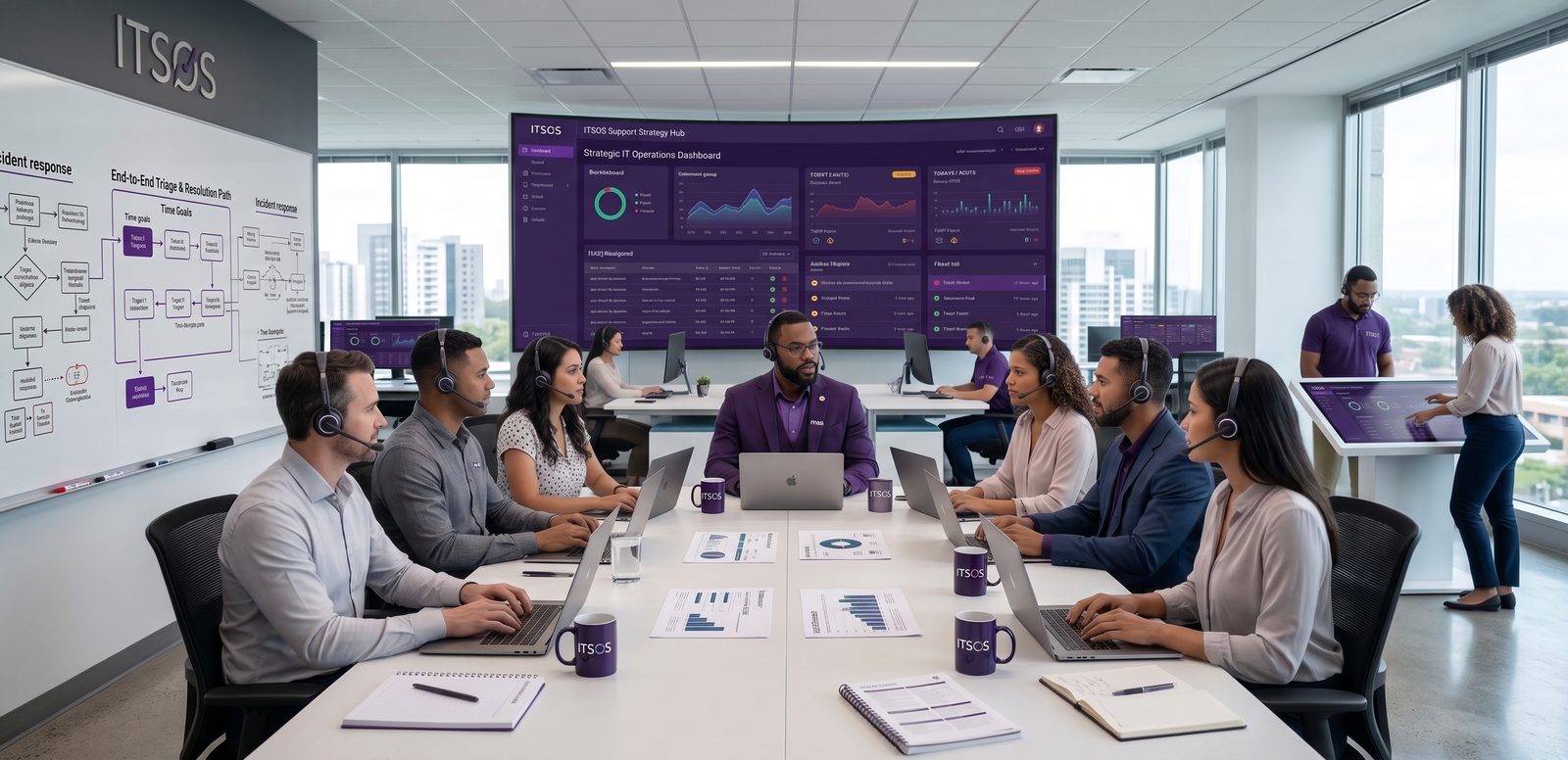Equipe de operação diante do painel de serviços, com o fluxo de processos na parede — ativo, operação e atendimento olhando o mesmo quadro