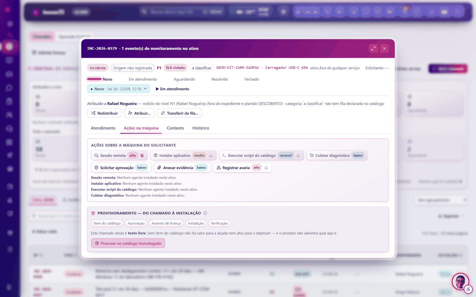 Ações bloqueadas com o motivo declarado e a esteira de provisionamento