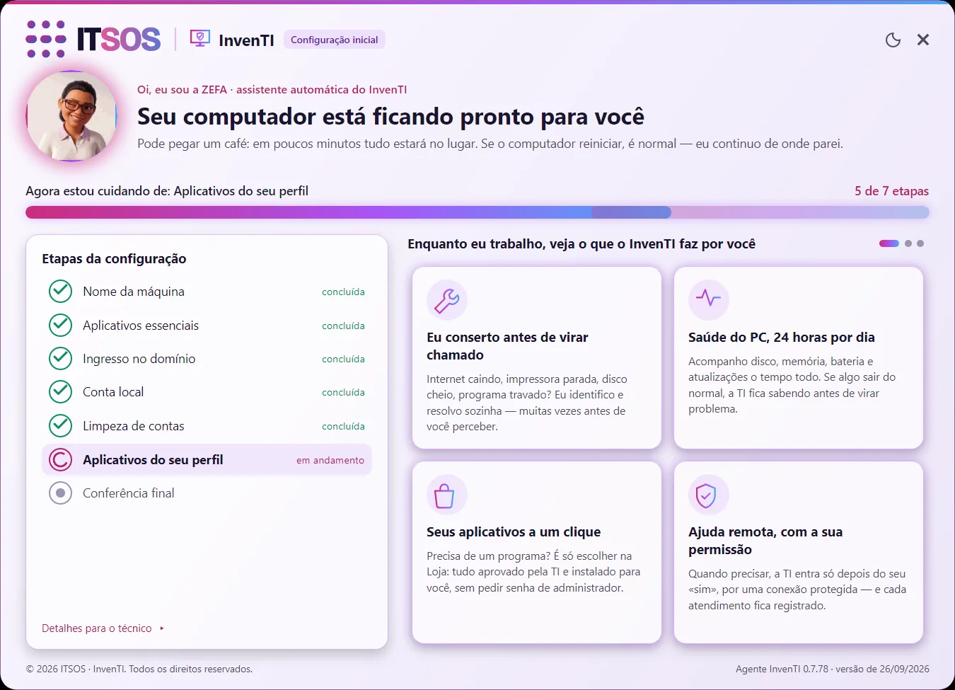 Tela do agente InvenTI provisionando a máquina: cinco etapas concluídas, aplicativos do perfil em andamento, 5 de 7 etapas