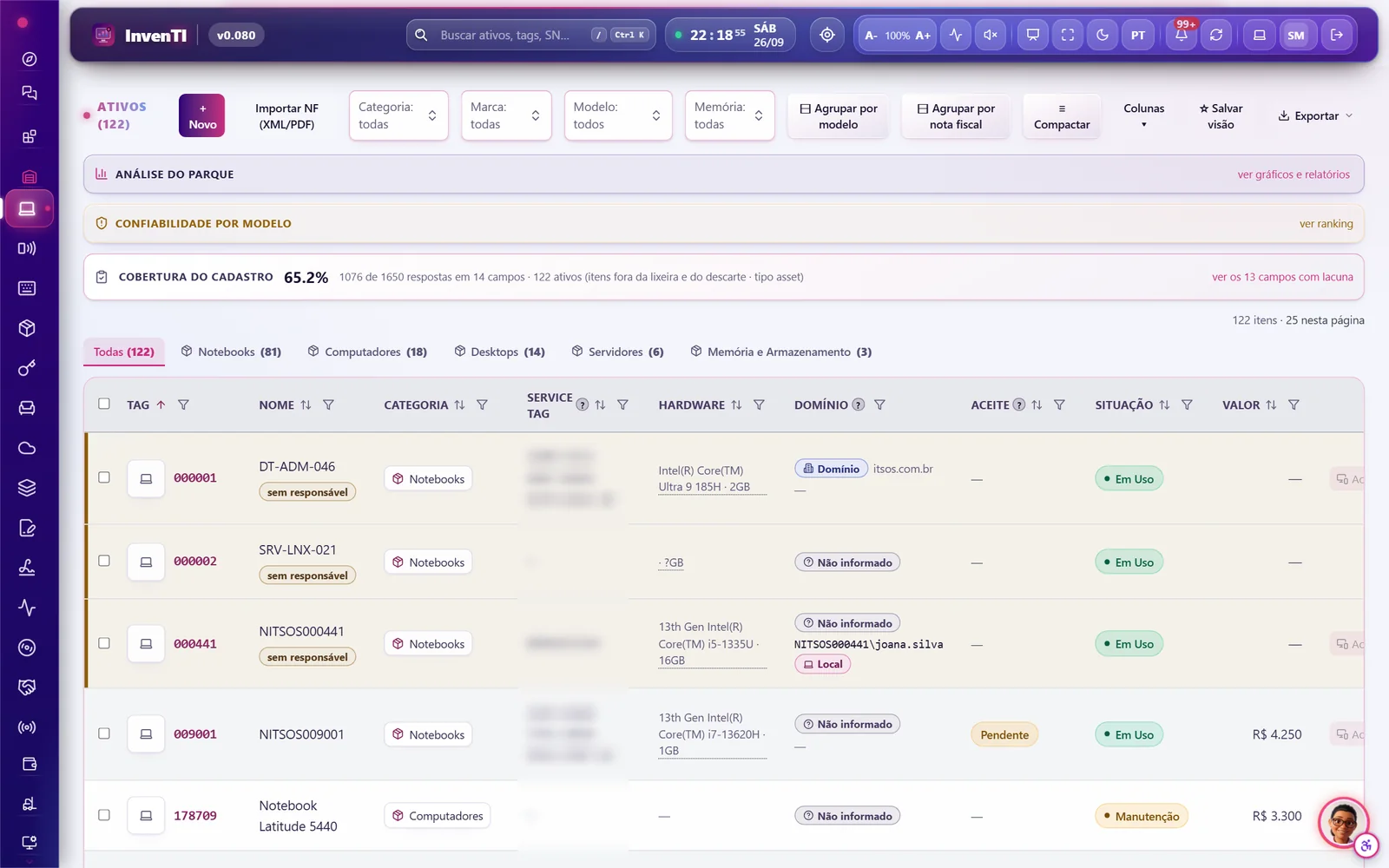 Lista de ativos do InvenTI com filtros