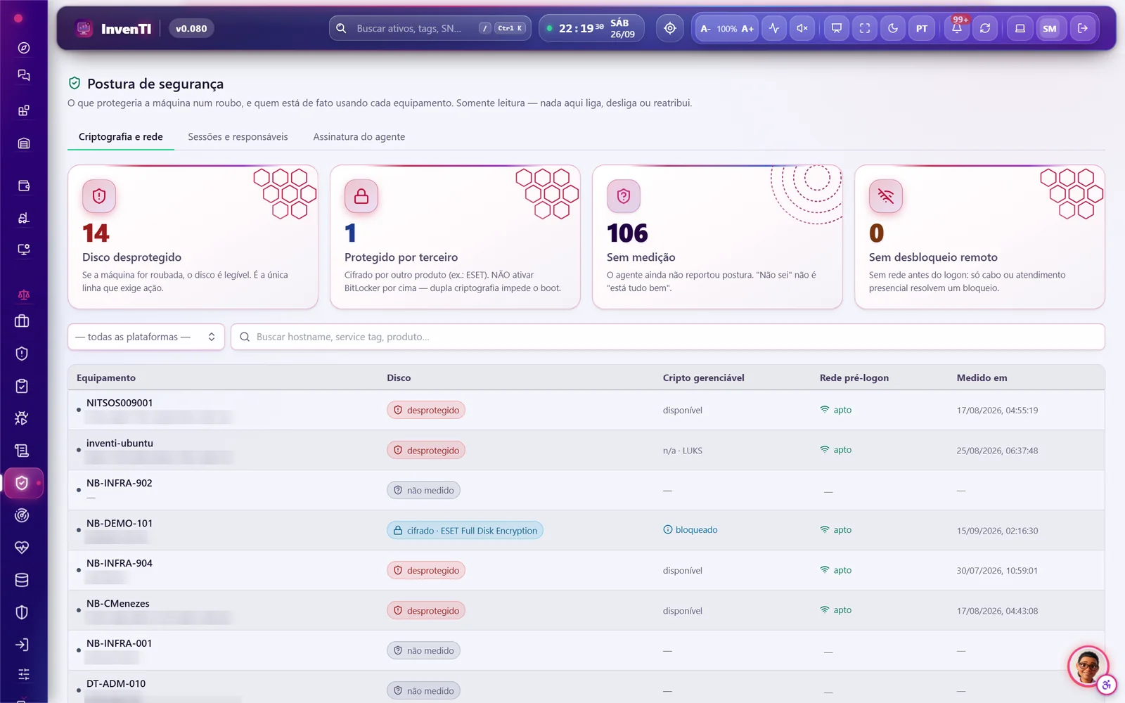 Postura de segurança: criptografia de disco e rede antes do logon por equipamento