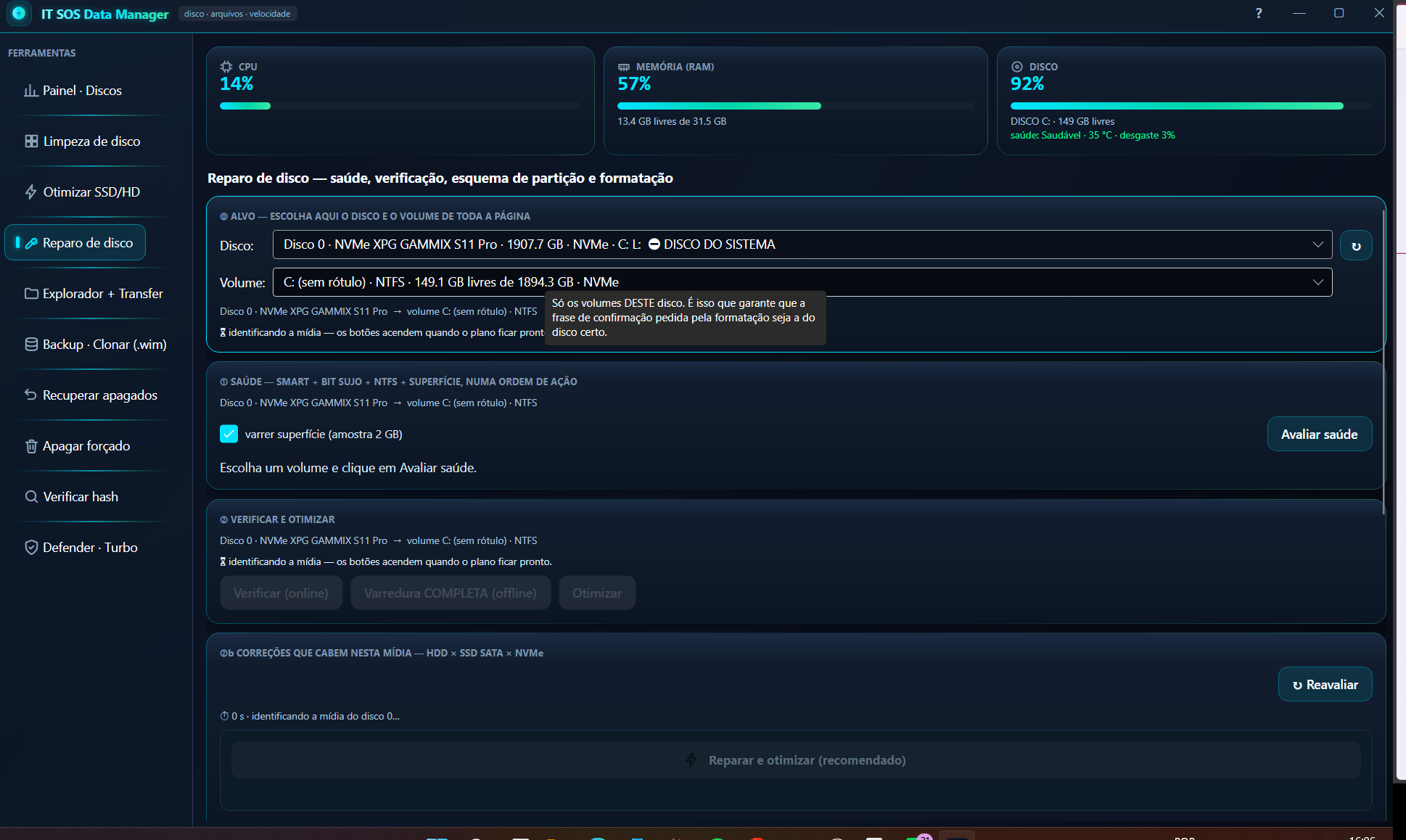 Tela de reparo de disco do Data Manager
