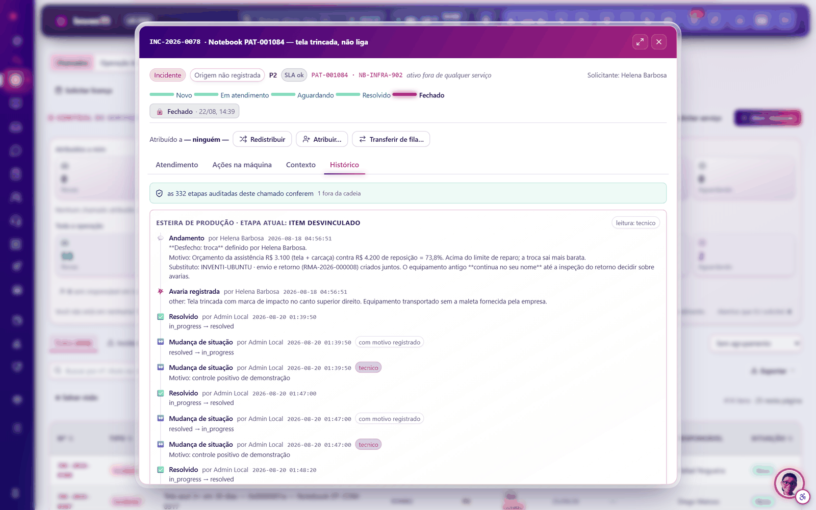 Histórico auditado do chamado, com o desfecho e a conta