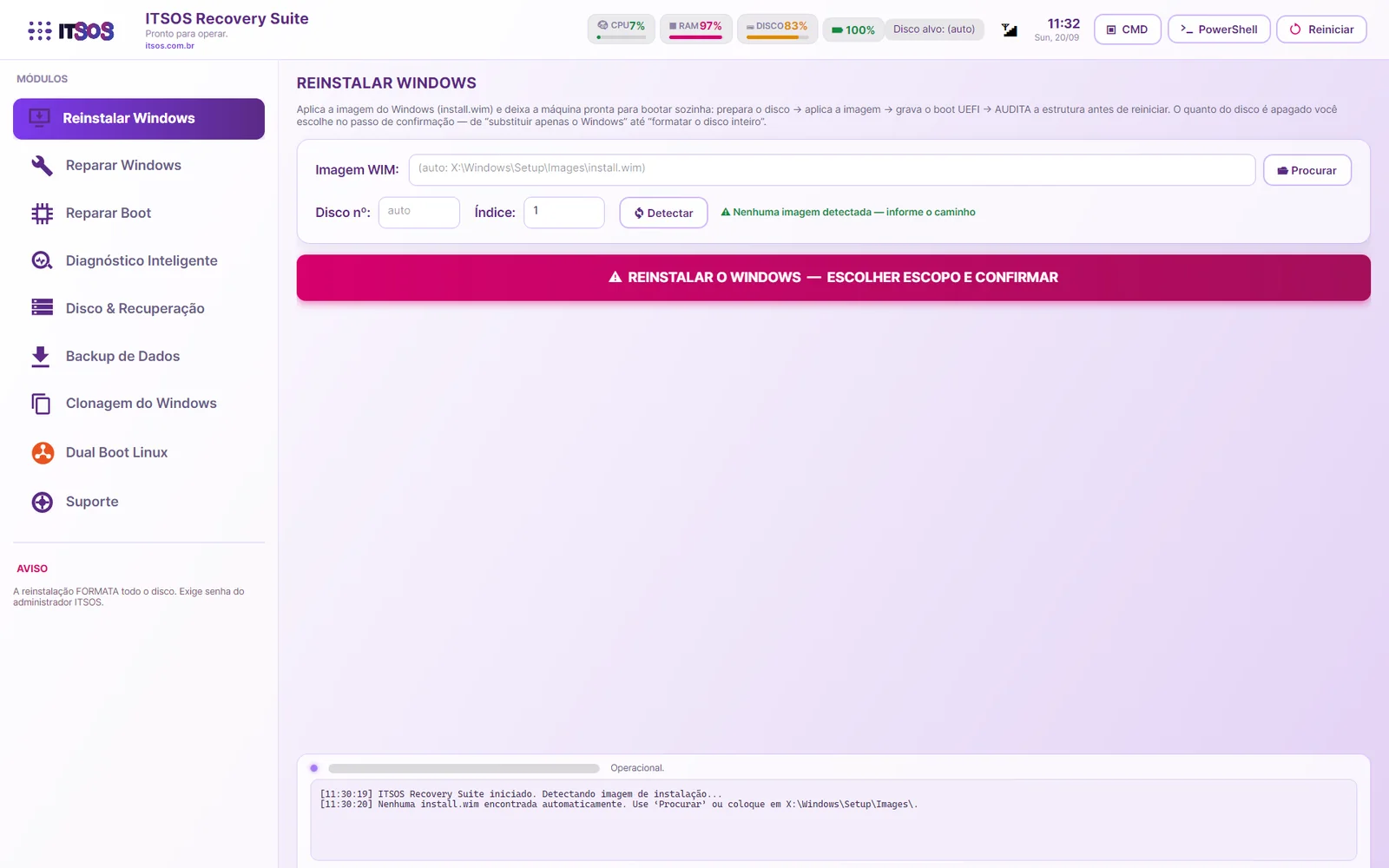 Tela Reinstalar Windows do ITSOS Recovery Suite