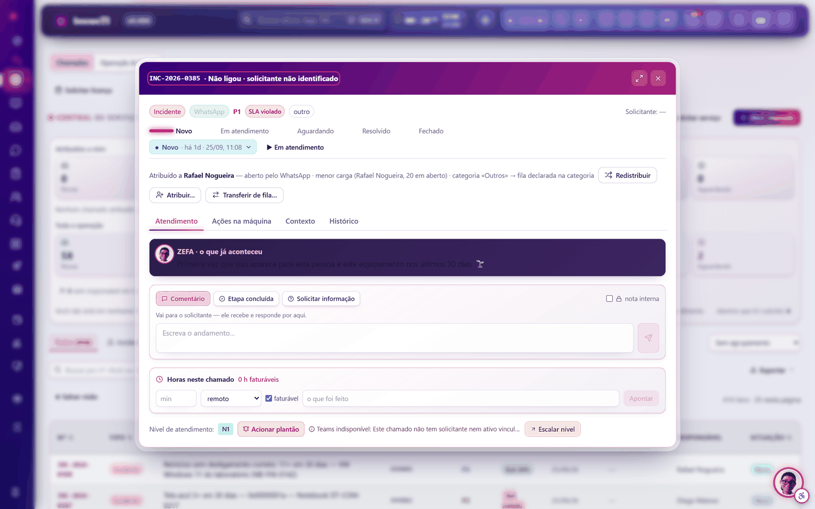 Chamado com o motivo da distribuição automática declarado na tela